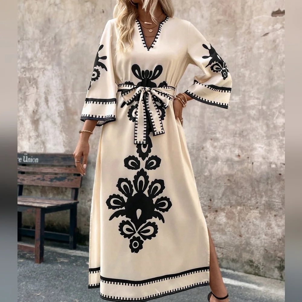 Women's Casual Printed Square Neckline Summer Dress - Picture 2 of 4